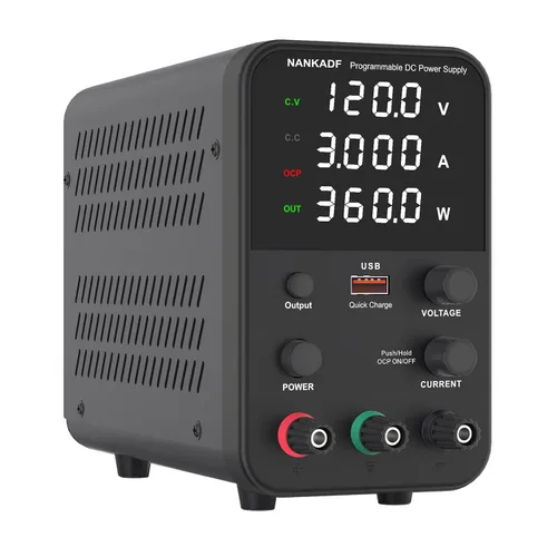 Vista 7 de Fuente de alimentación de banco variable de CC con perilla de codificador, activación/desactivación de salida, carga rápida USB, alarma de Negro