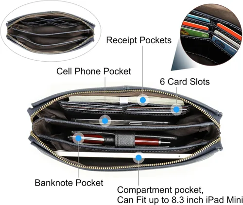 Vista 23 de Funda de piel de grano superior para hombre y mujer, múltiples bolsillos/ranuras, RFID de gran capacidad para tarjetas, cheques, dinero, pasaporte