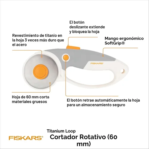 Vista 2 de Fiskars Cortador giratorio de 60 mm para tela con mango de bucle ergonómico y mango cómodo, cortador giratorio de titanio para materiales gruesos