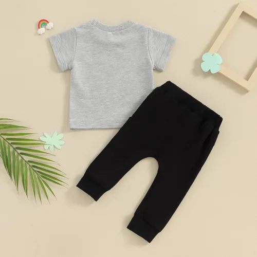 Vista 3 de Conjunto de manga larga con cuello redondo y letras para bebé niño, ropa de primavera, Charm de la suerte de las mamás grises