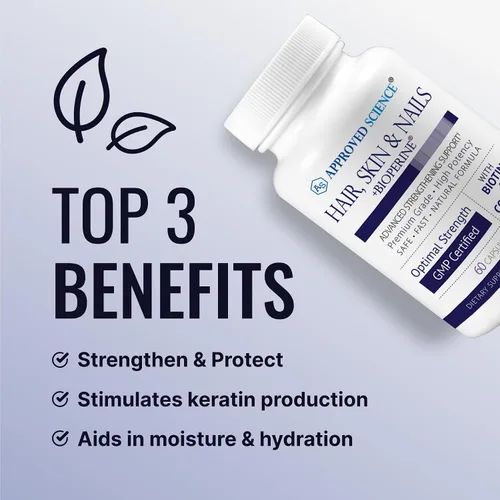 Vista 3 de Approved Science Cabello, piel y uñas - Suplemento de apoyo - Biotina, colágeno, complejo de vitamina B, sílice, bioperina - 60 cápsulas - 1 mes