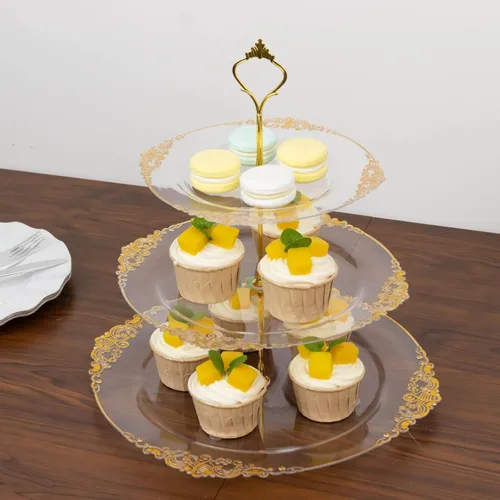 Vista 6 de Efavormart - Soporte de plástico transparente para cupcakes de 3 niveles con borde barroco dorado en relieve, soporte redondo de postres
