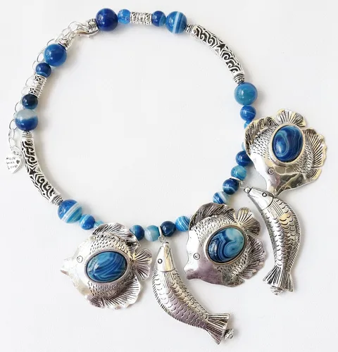 Vista 2 de 5 Silver Fish Pendants Nautical Gemstone Blue Agate Necklace Earrings One of a Kind