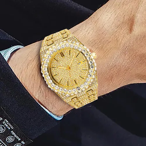 Vista 4 de PLADEN Mens 42mm Watch Luxury Iced Out Diamond Watch Bling Big Stone Watch Crystal Quartz Watch Hip Hop Stainless Steel Wrist Watch for Men