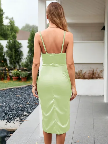 Vista 4 de ZAFUL - Vestido midi con cuello en V profundo y corsé drapeado y plisado de seda para mujer
