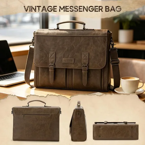 Vista 7 de RAINSMORE Bolsa de mensajero para hombre 17.3 pulgadas Vintage PU cuero Marrón