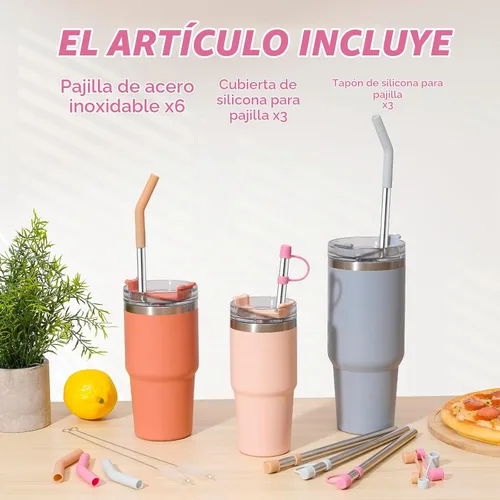 Vista 8 de Jetstop Pajitas de acero inoxidable con tapas que se ajustan a vasos Stanley de 14oz y 20oz, Pajita reutilizable de 8.6 pulgadas con puntas