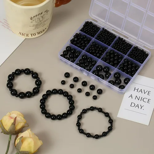 Vista 8 de 1200 piezas de cuentas negras, cuentas de acrílico tipo pony, cuentas redondas lisas de 4/6/8/10/12 mm para pulseras, cuentas espaciadoras de perla