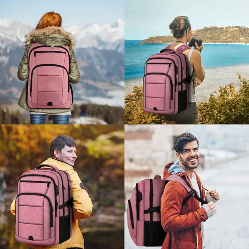 Vista 7 de Mochila de viaje grande, mochila grande para laptop de 17 pulgadas para hombres y mujeres con puerto de carga USB, Rosado, Rosa clásico
