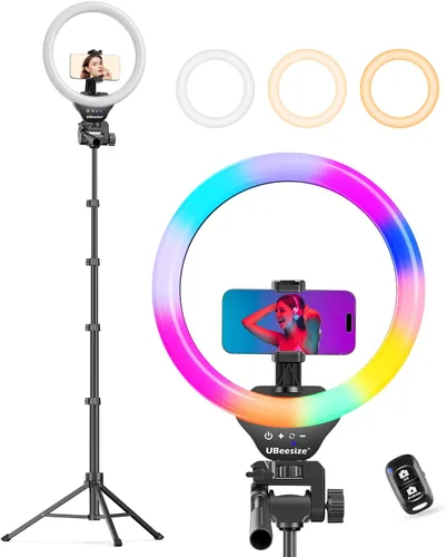 Vista 13 de UBeesize - Anillo de luz para selfie con trípode y soporte para teléfono celular para transmisión en vivo/maquillaje, mini luz LED para cámara