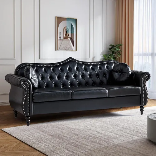 Vista 3 de AVZEAR 82" Sofá de tres plazas de cuero, sofá Chesterfield, sofá tapizado en PU de estilo moderno de mediados de siglo, sofá de sala de estar