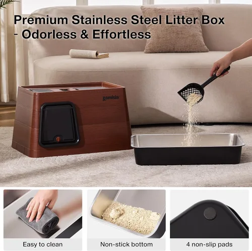 Vista 5 de ZOMISIA Caja de arena para gatos de acero inoxidable, caja de arena cubierta extra grande con tapa, cuchara, filtro de control de olores, cajas