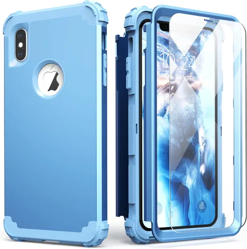 Vista 16 de IDweel Funda para iPhone Xs Max con protector de pantalla de vidrio templado, absorción de golpes 3 en 1, protección resistente, cubierta de Negro