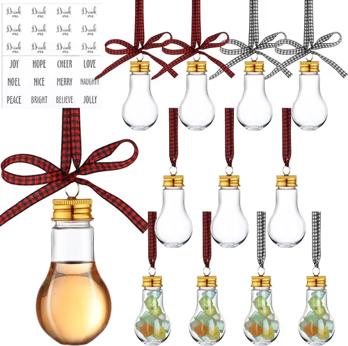 Vista 12 de Kajaia 12 bolas de alcohol de Navidad rellenables para árbol de Navidad con calcomanías de cinta a cuadros de búfalo, adornos de plástico