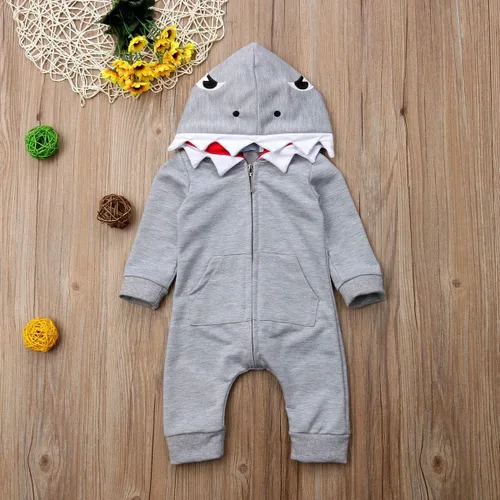 Vista 2 de Traje de Halloween para bebé recién nacido, con capucha, con cremallera, mameluco de manga larga Gris