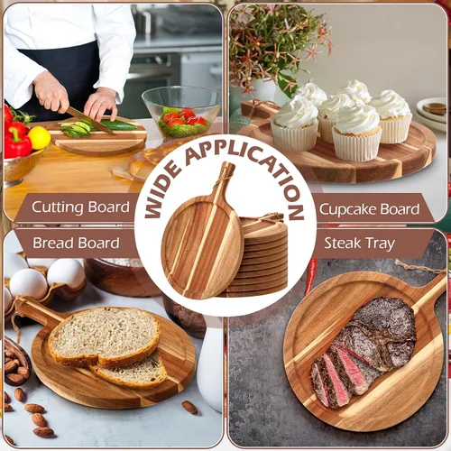 Vista 5 de Tanlade Tabla de cortar de madera, bandeja redonda de madera para servir con asa, tablas de cortar de acacia, remo de charcutería para pizza, pan