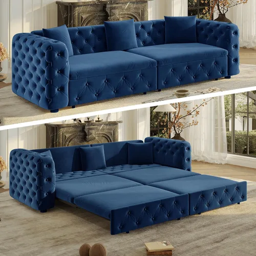 Vista 12 de Polibi Sofá cama extraíble extragrande de 89 pulgadas, sofá cama multifuncional 3 en 1 de 4 plazas con 3 almohadas, sofá clásico copetudo de Gris