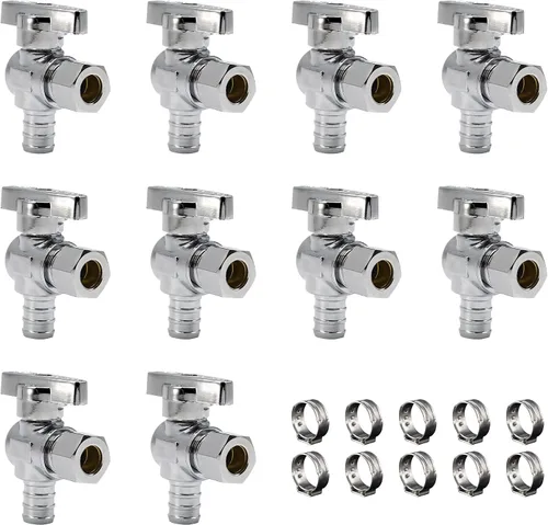 Vista 7 de Paquete de 10 válvulas de cierre recto, válvula de cierre recto Pex de 1/2 pulgada x 1/2 pulgada Pex, válvula de grifo de cuarto de vuelta, cromo