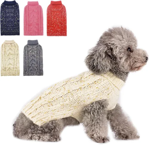 Vista 9 de KYEESE Suéter para perro, ropa cálida para perros pequeños, abrigo para perro, suéter de punto de cuello alto con hilo dorado para otoño e invierno