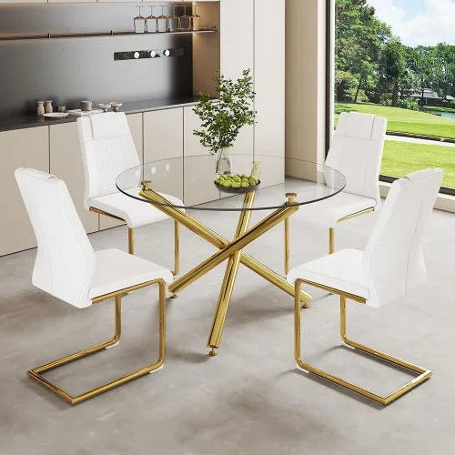Vista 4 de Mesa redonda de comedor de vidrio para 4 a 6, moderna mesa superior de vidrio templado, patas cromadas resistentes, almohadillas ajustables