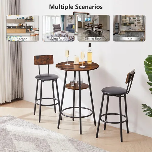 Vista 6 de Juego de mesa de bar y sillas de 3 piezas, mesa de comedor redonda pequeña para 2 personas con respaldo, altura de encimera, juego de mesa de cocina