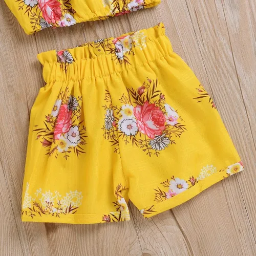 Vista 6 de Conjunto de ropa de verano con cuello halter floral y tirantes amarillos y pantalones cortos