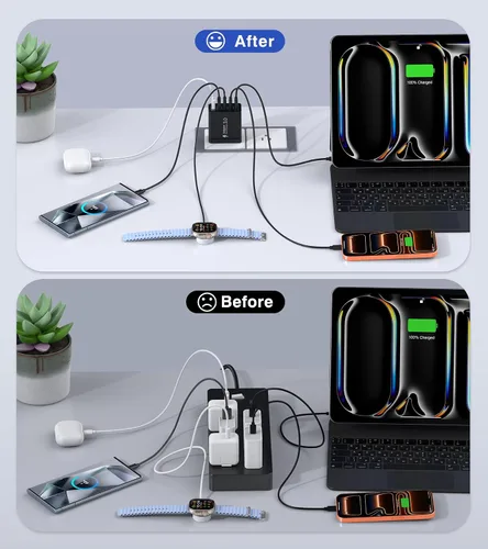 Vista 7 de [Paquete de 2] Cargador de pared USB C, bloque de cargador tipo C de 60 W, bloques de carga rápida de 5 puertos, enchufe multipuerto 3USB C+2USB A