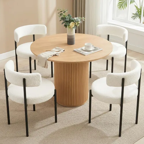 Vista 11 de Juego de 2 sillas de comedor Boucle, sillas de comedor beige con asiento tapizado y respaldo redondo, sillas de cocina modernas de mediados de siglo
