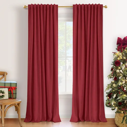 Vista 20 de INOVADAY Cortinas 100% opacas de 63 pulgadas de largo, juego de 2 paneles de lino con pestaña trasera, bolsillo para barra, cortinas opacas
