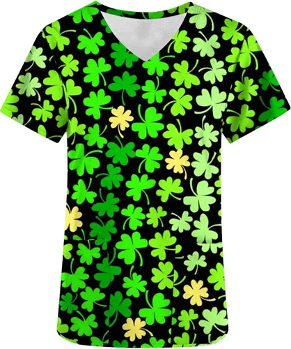Vista 3 de Ropa quirúrgica de manga corta para mujer, uniforme de enfermería, estampado de trébol, cómoda camisa