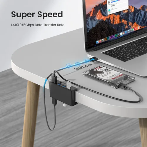 Vista 5 de ORICO Hub USB 3.0, Abrazadera de Hub USB, Divisor USB de Aluminio de 4 Puertos con Puerto de Fuente de Alimentación Adicional y Cable de Datos USB