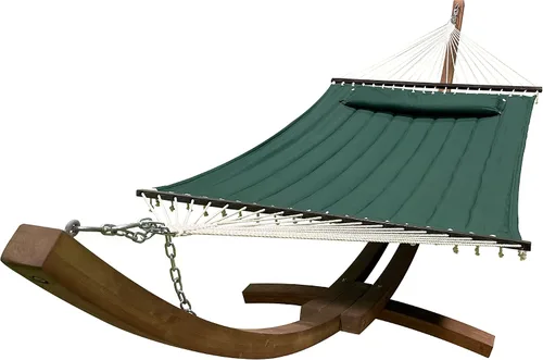 Vista 10 de Soporte para hamaca de arco de madera tratada al agua de 14 pies + cama hamaca premium acolchada, doblemente acolchada. Cama para 2 personas. Beige
