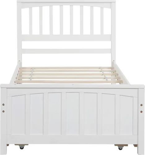 Vista 4 de Base de cama individual con nido, cama de plataforma individual con nido extraíble, marco de cama de plataforma doble de madera con cabecera