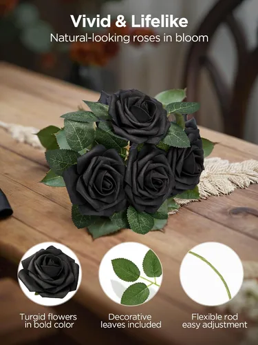 Vista 2 de InnoGear Flores artificiales, paquete de 50 unidades, rosas artificiales de espuma negras con tallos a granel para decoración, ramos de boda DIY