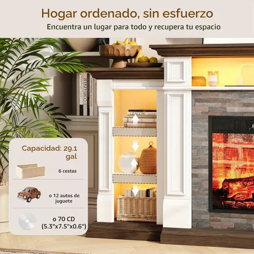 Vista 7 de Soporte de TV con chimenea de 72 pulgadas con toma de corriente y LED, chimenea eléctrica con repisa, centro de entretenimiento con almacenamiento