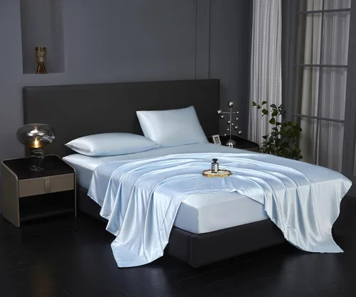 Vista 2 de Revdomfly Juego de 4 Piezas de Sábanas de Satén Azul Bebé de Tamaño Completo, Lujosas y Suaves como Seda, 1 Sábana Bajera Premium que Absorbe