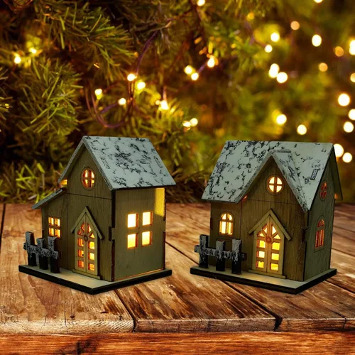 Vista 5 de Uonlytech 2 casas de Navidad iluminadas de madera, casa de Navidad de madera, iluminada por LED, edificios coleccionables para Navidad, invierno