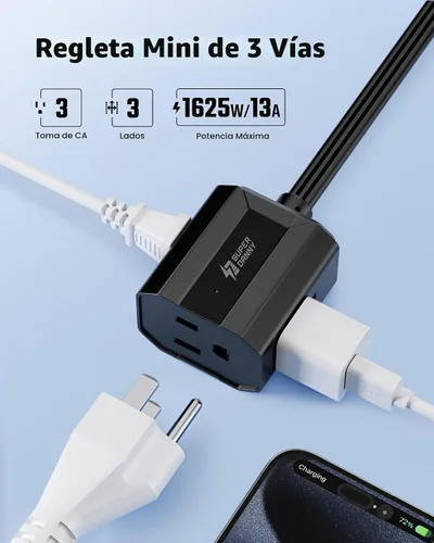 Vista 3 de SUPERDANNY - Cable de extensión de 1.5 pies, mini regleta de alimentación en ángulo ultra derecho, enchufe plano para espacios reducidos, extensión