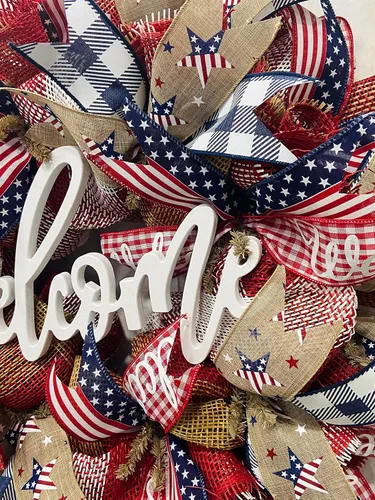 Vista 6 de 24" Round Patriotic Mesh Front Door Wreath with Welcome Sign Insert Option, Heavy Wire Base, Lots of Ribbon