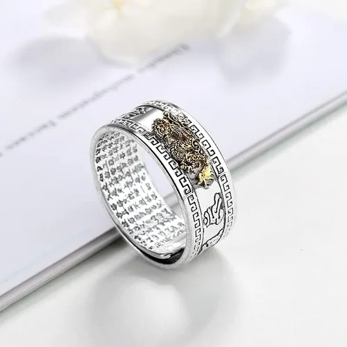 Vista 3 de Anillo vintage de plata Feng Shui Pixiu para mujeres y hombres, grabado textos budistas, alivio máximo, sapo dragón, Pixiu, camafeo, riqueza, buena