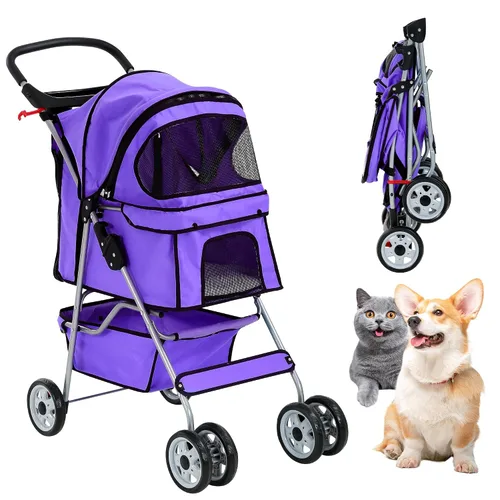 Vista 15 de Cochecito para perros con cesta de almacenamiento, cochecito para mascotas de 3 ruedas, transpirable, compacto, portátil, plegable, para viajes