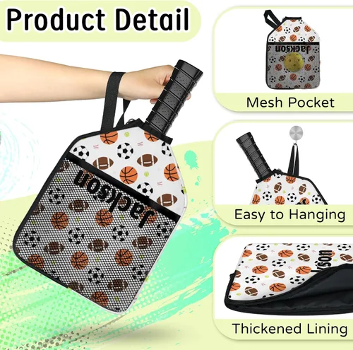 Vista 5 de Funda de paleta de pickleball personalizable, 1/2 paquetes de texto personalizado, nombre y foto, ajuste universal para hombres y mujeres