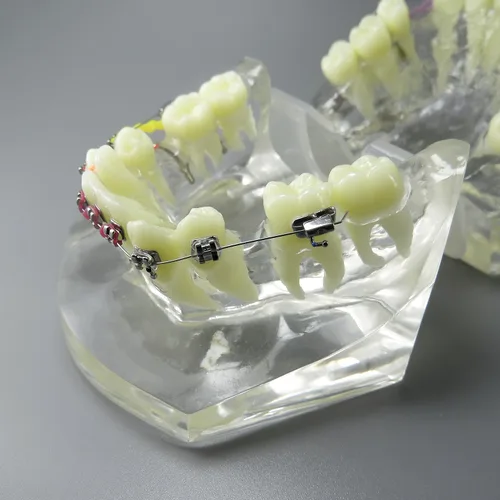 Vista 7 de Modelo dental de los dientes del tratamiento de ortodoncia de la maloclusión con los soportes del metal Alambres Cadenas y aros coloridos