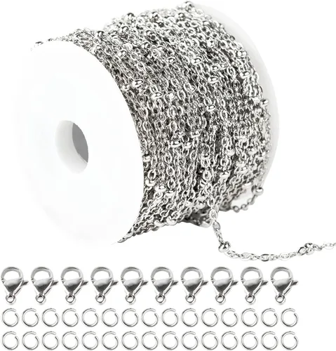 Vista 13 de YOUBEIYEE Cadena de cuentas de satélite de plata brillante de 32.8 ft para hacer joyas, acero inoxidable, cadena de joyería de cruz soldada