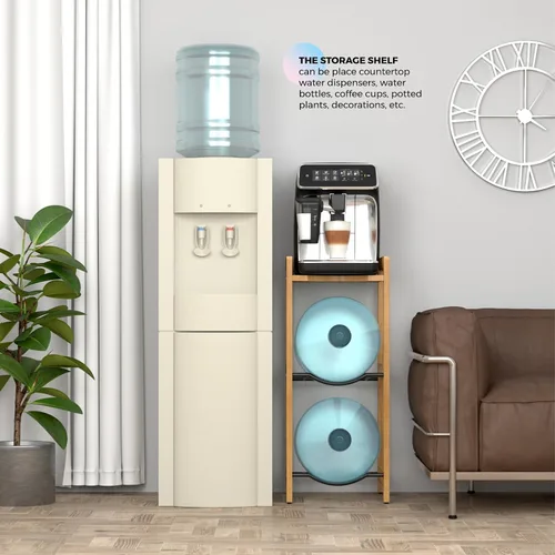 Vista 6 de Soporte para jarra de agua de 5 galones con estantes superiores, soporte dispensador de agua de madera maciza natural de 31 pulgadas de alto