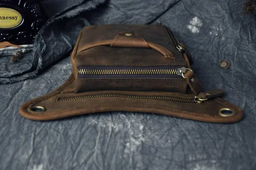 Vista 5 de Le'aokuu - Bolso de pierna para moto, de cuero genuino, para hombre, bolso tipo mensajero a la cintura), 211-1