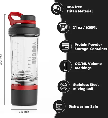 Vista 3 de Botella agitadora de proteínas de 21 oz con contenedor de almacenamiento de polvo - Tazas agitadoras para batidos de proteínas - Botella de Rojo