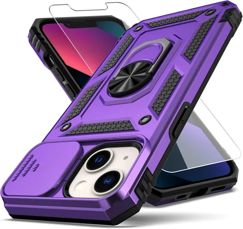 Vista 8 de Funda para iPhone 13, con cubierta para lente de cámara, protector de pantalla HD, [grado militar] anillo de montaje en coche con soporte híbrido
