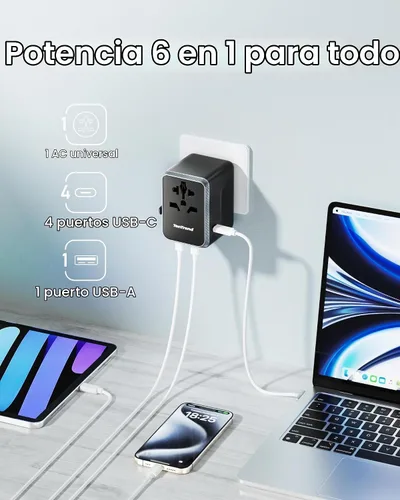Vista 2 de TenTrend Adaptador de viaje universal, adaptador de corriente internacional de 30 W con 4 puertos USB-C y 1 USB-A, adaptador de enchufe de viaje