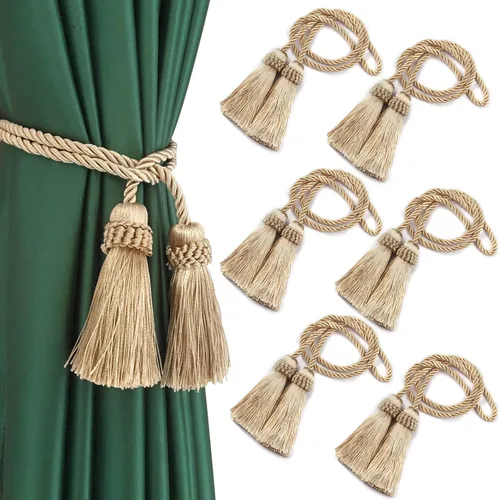 Vista 30 de Sujetadores de Cortina Hechos a Mano Decorativos Alzapaños de Cortina con Cuerda y Borla (Beige, 2P)